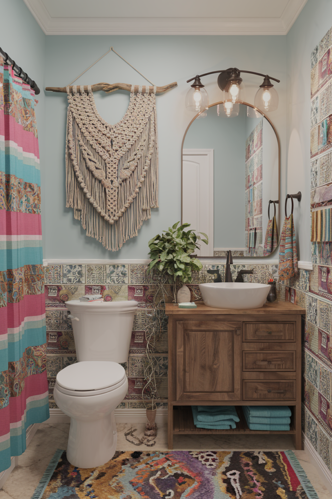 Bohemian Style bathroom decorated with a Macrame Hanger Above the Toilet