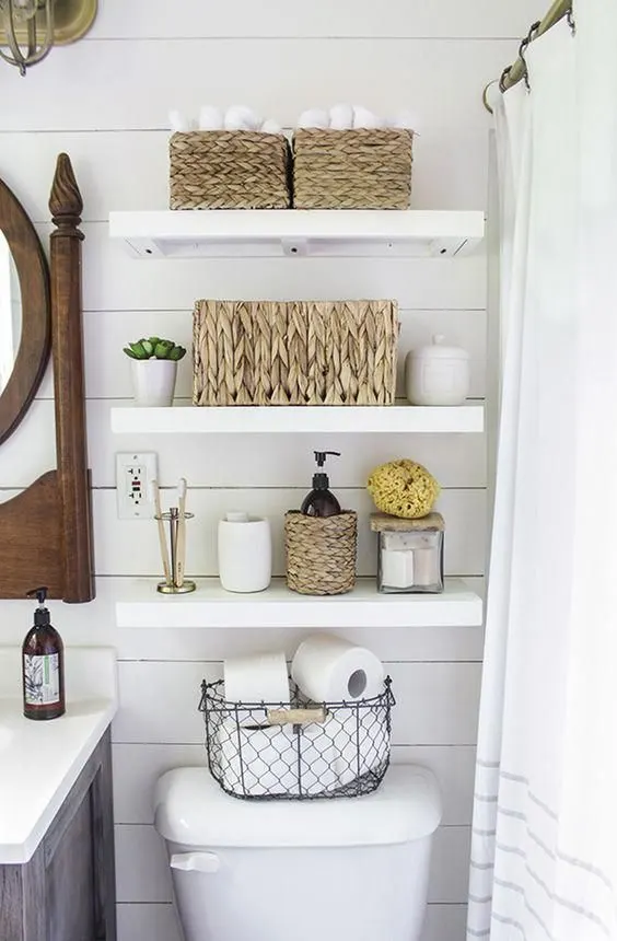 Minimalist Floating Shelves Above the Toilet