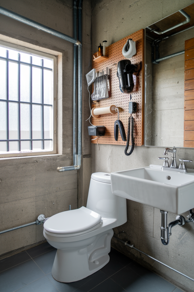 Pegboard Organizer for the Electronics above the Toilet