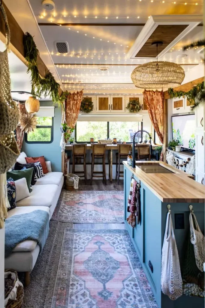 Ceiling of the RV Camper is Decorated Using LED String Lights