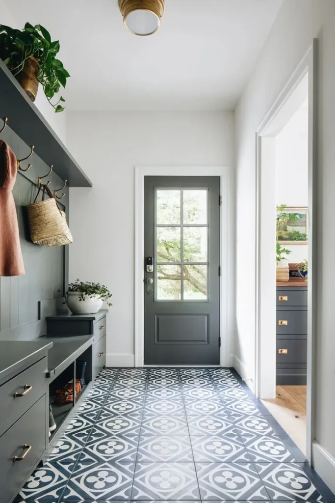 Mudroom Tiled with Porcelain Geometric Pattern Tiles