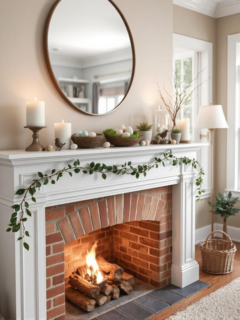 Spring Mantel Decorated with Bird nests, Colored Eggs and Bird Figurines