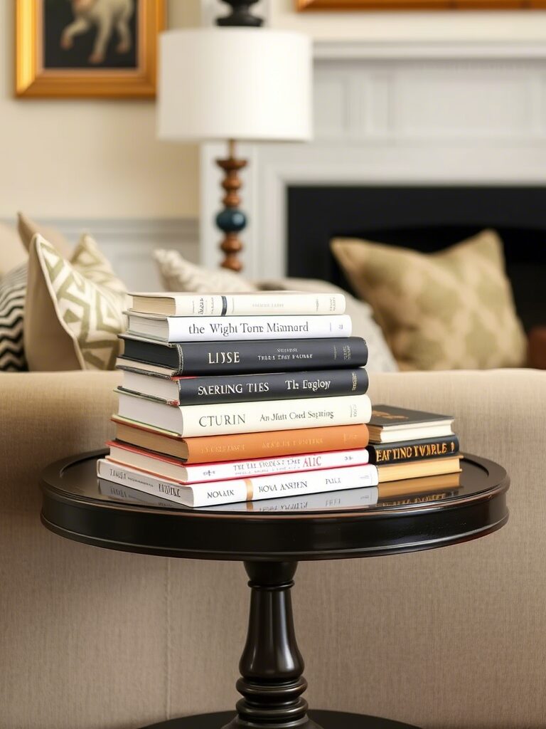 Artfully stacked books on an End table