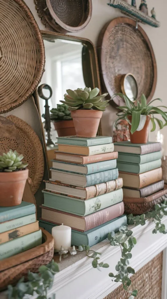 Spring Mantel Decor Featuring Vintage Books in Spring Colors