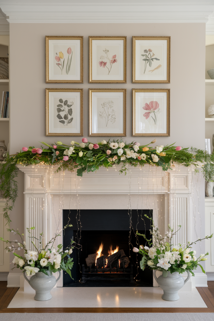 Spring Mantel Decor Featuring Botanical Print Gallery Wall