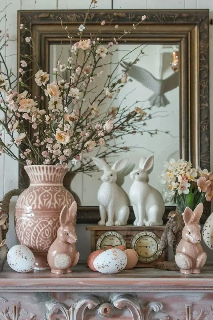 Spring Mantel Decorated using Bunny and Easter Decors