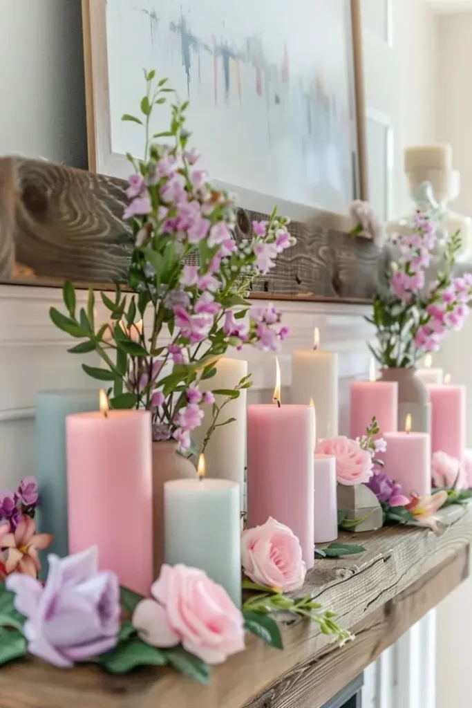 Spring mantel decor, featuring Pastel Color Candle Pillars