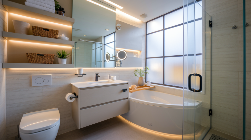 well-lit very small compact bathroom with a modern, space-saving design. The bathroom features a floating vanity with a sleek white countertop, a wall-mounted toilet, and glass shower doors to enhance openness. Above the vanity, a large frameless mirror reflects natural light from a frosted glass window. Floating wooden shelves hold neatly arranged towels, plants, and stylish storage baskets. The walls are adorned with light-colored tiles and subtle textured panels, adding depth without overwhelming the space. A compact, deep soaking tub is positioned in the corner, complemented by soft LED lighting. The overall ambiance is a blend of contemporary minimalism and cozy elegance, ideal for maximizing both style and functionality in a small space.