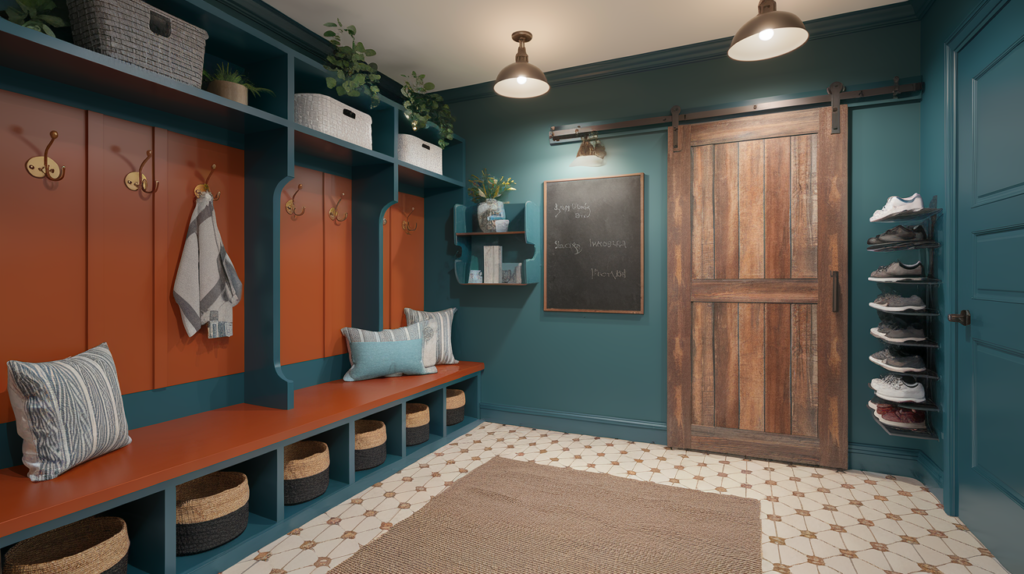 A  compact mudroom with a dark teal color scheme. The room features a burnt orange built-in bench with under-seat storage, cubbies with woven baskets, and elegant brass wall hooks. A rustic wood sliding barn door adds charm, and a burnt orange and off-white patterned tile floor enhances the space. Overhead shelving holds decorative baskets and plants, and a wall-mounted chalkboard is present for organization. Soft lighting from pendant lamps casts a warm ambiance, and a durable, textured area rug adds depth. Next to the door, there is a vertical shoe rack with shoes in it. The scene is inviting, clutter-free, and designed for both elegance and practicality.