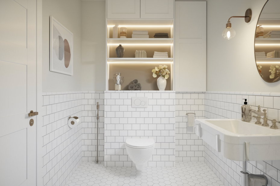 A modern, stylish, and functional bathroom with an Above the Toilet Storage Optio