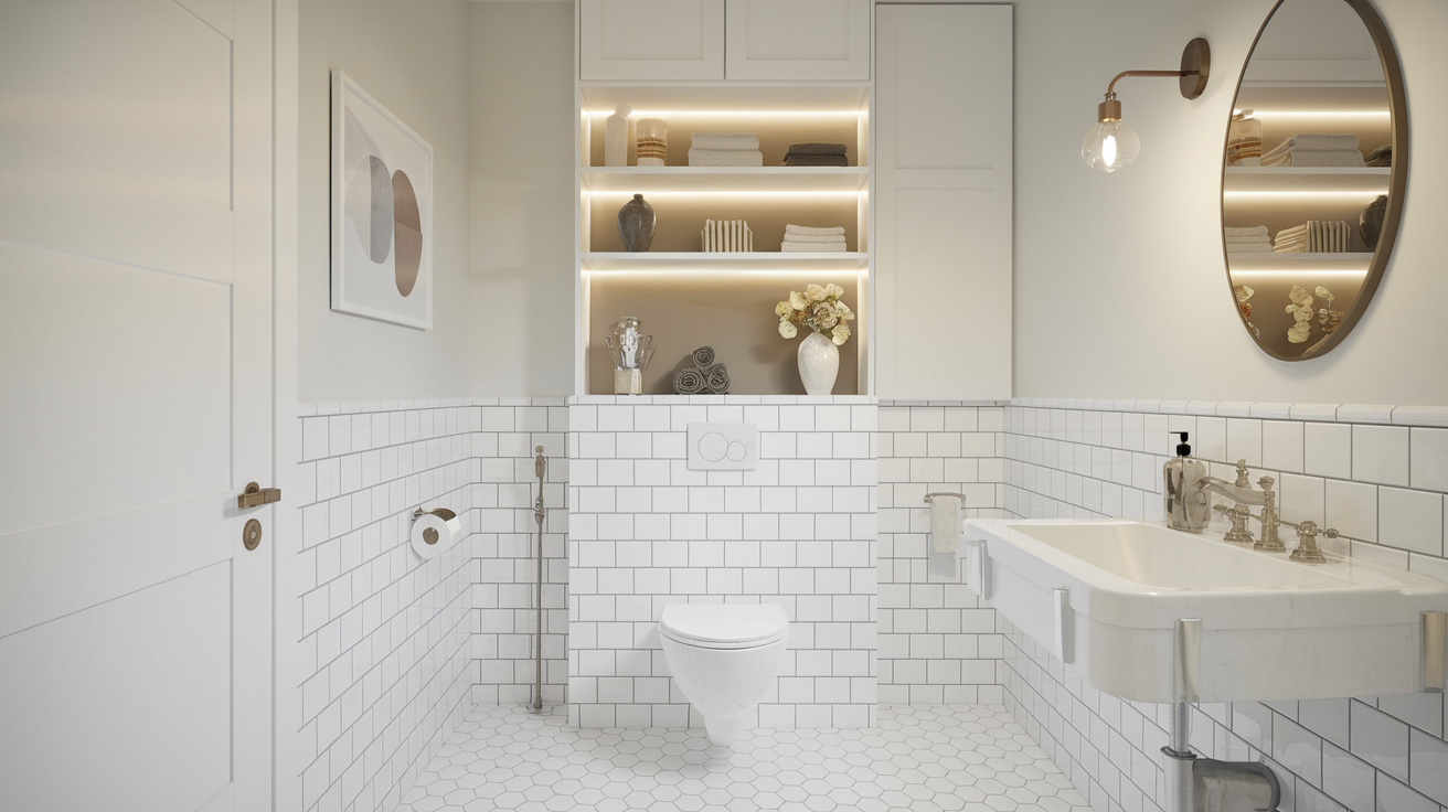 A modern, stylish, and functional bathroom with an Above the Toilet Storage Optio
