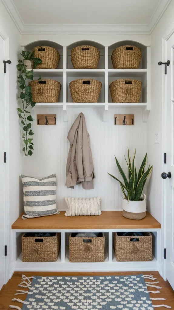 Open cubbies with baskets for storage organization in the Mudroom