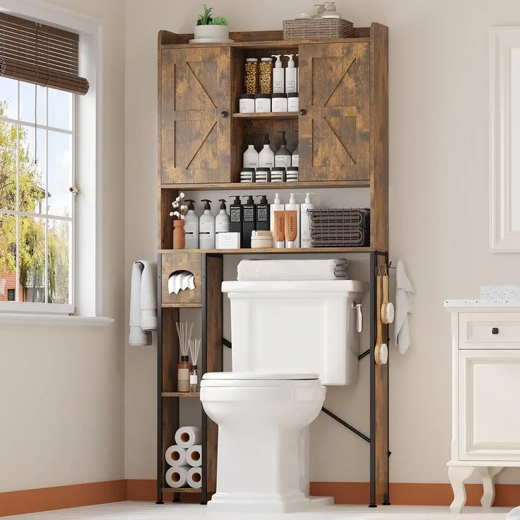 Farmhouse Style Cabinet installed Above the Toilet