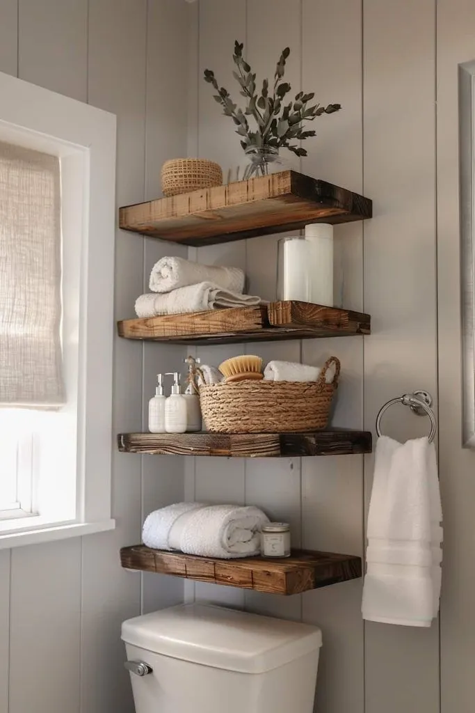 Floating Shelves Installed in a Small Bathroom