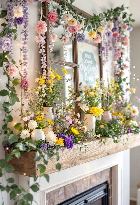 Spring mantle decor, featuring Spring Flower Garland