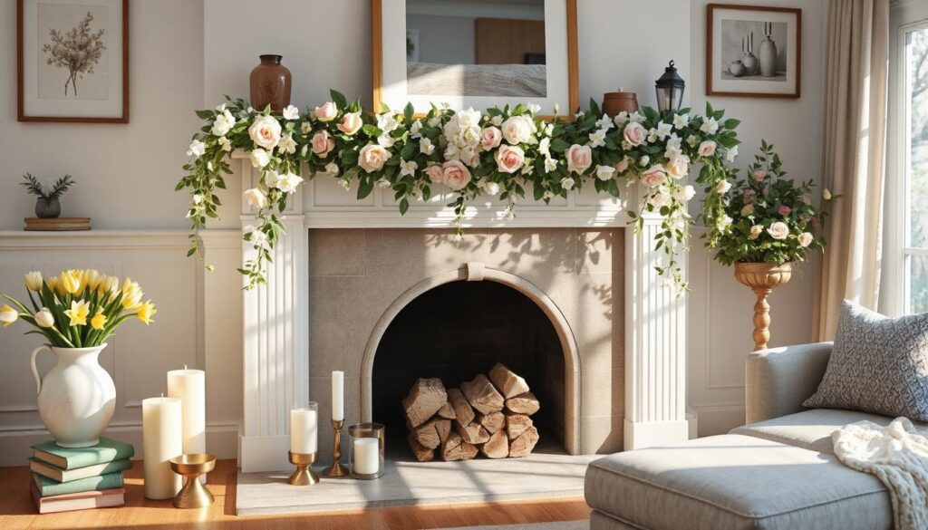 Fireplace Mantel Decorated for Spring Featuring Flower Garland  and Candles