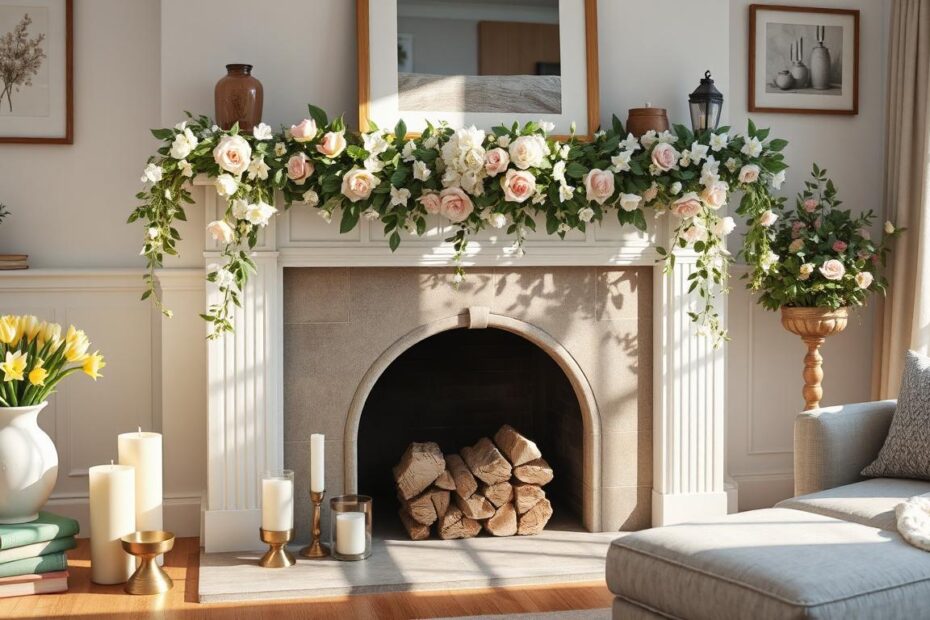 Fireplace Mantel Decorated for Spring Featuring Flower Garland and Candles