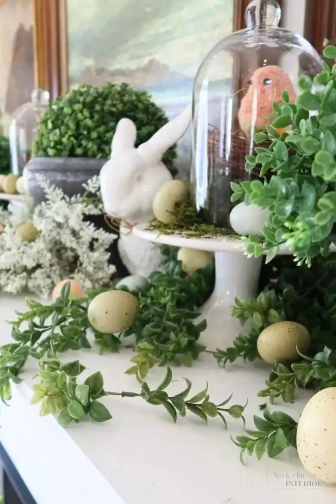 Spring Mantel Decor Featuring Glass Cloche