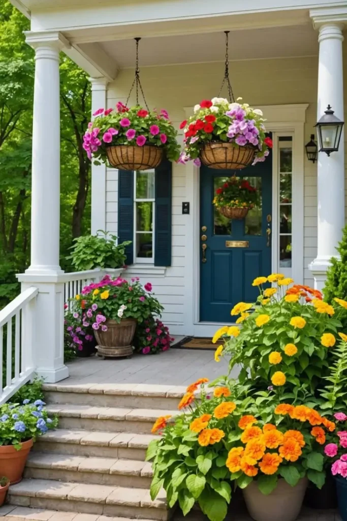 Hanging Spring Flower Baskets in the Porch