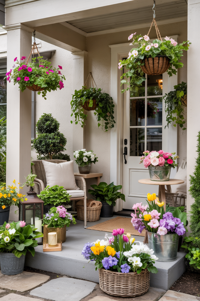 Luxe spring front porch with hanging flower baskets, layered spring planters, cozy seating, and a stylish entryway filled with colorful spring plants and blooms.