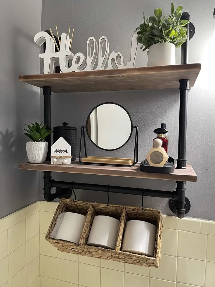 Industrial Pipe Shelves Installed Above the Toilet