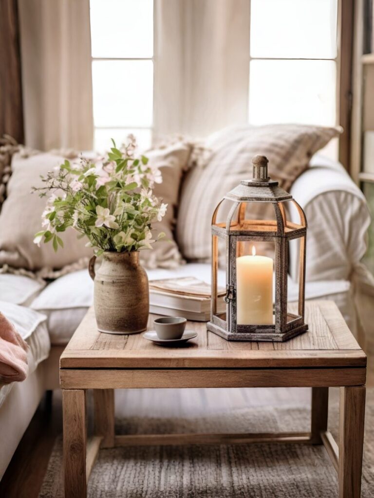 Rustic Lantern as a decoration of the end table