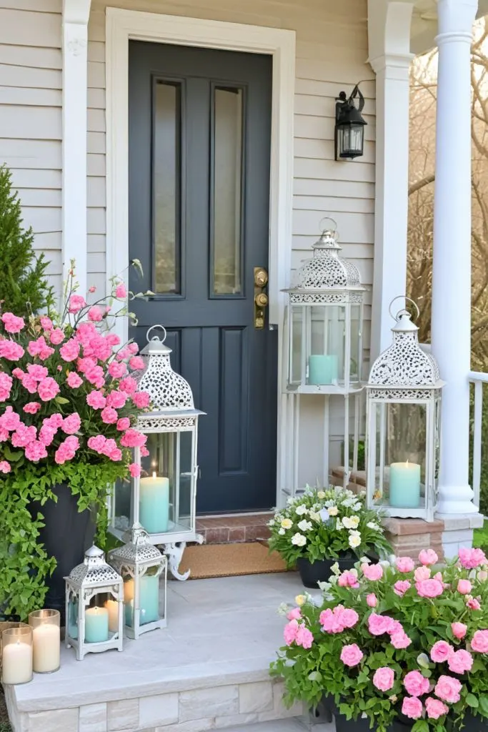 Porch Decorated for Spring using Lanterns with LED Candles