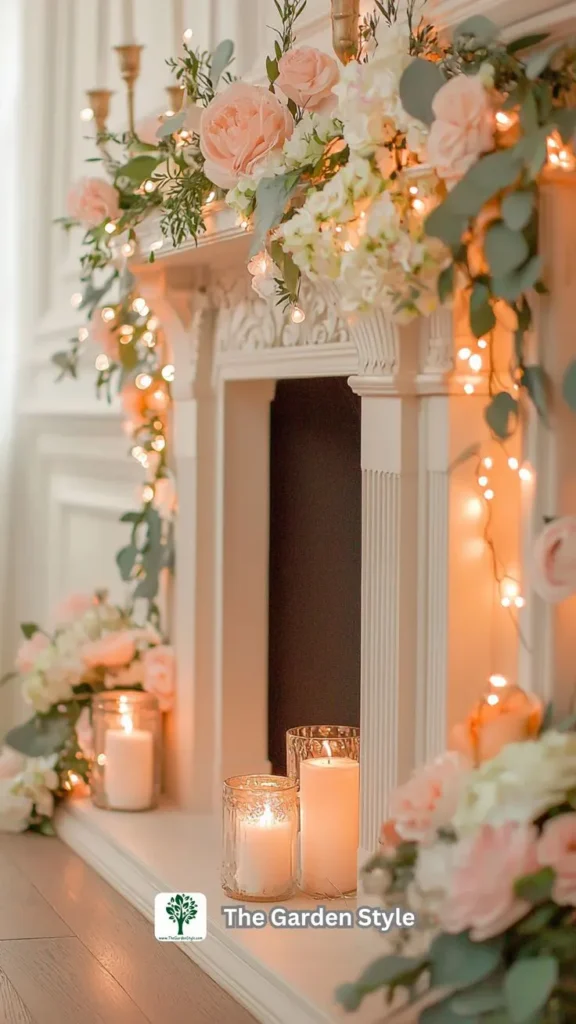 Mantel Decorated for Spring with Fairy Lights