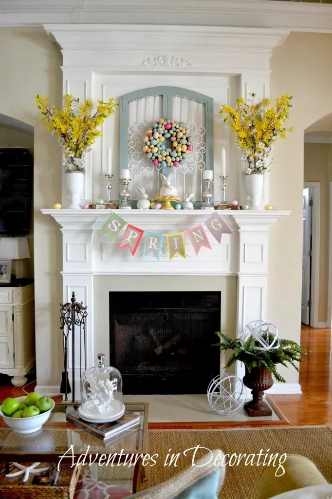 Mantel Decorated for spring with a Pastel Linen Banner