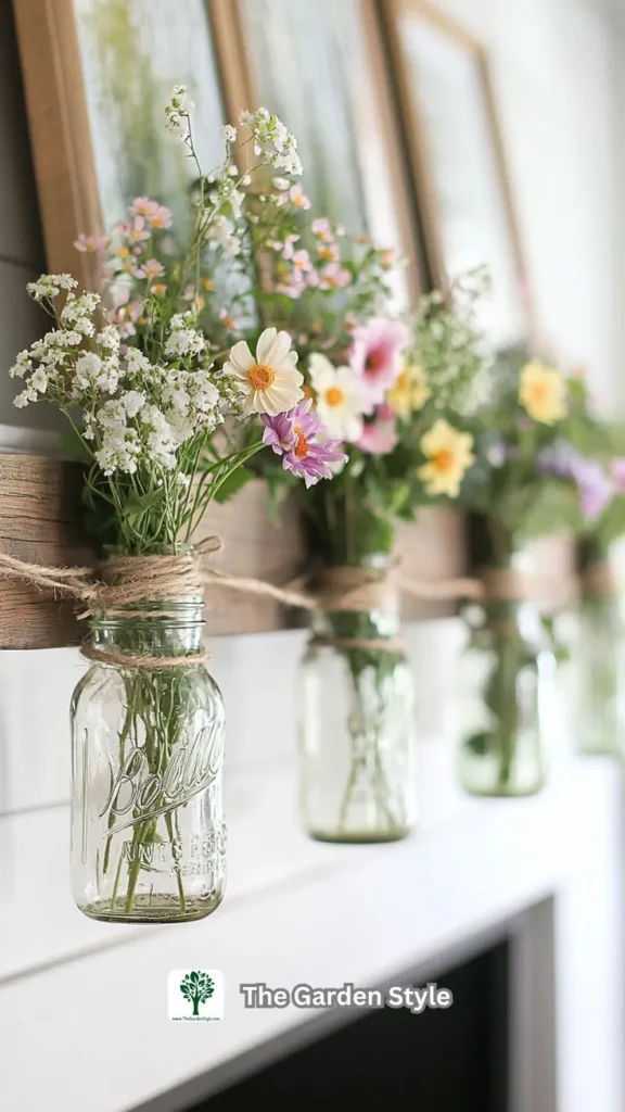 Spring Mantel Décor Featuring Mason Jar Filled with Spring Flowers