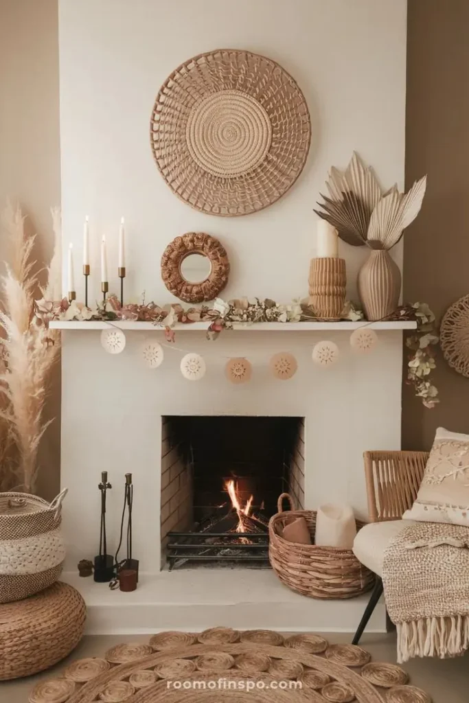 Boho Theme Spring Mantel Decor Featuring Woven Basket and Natural Elements