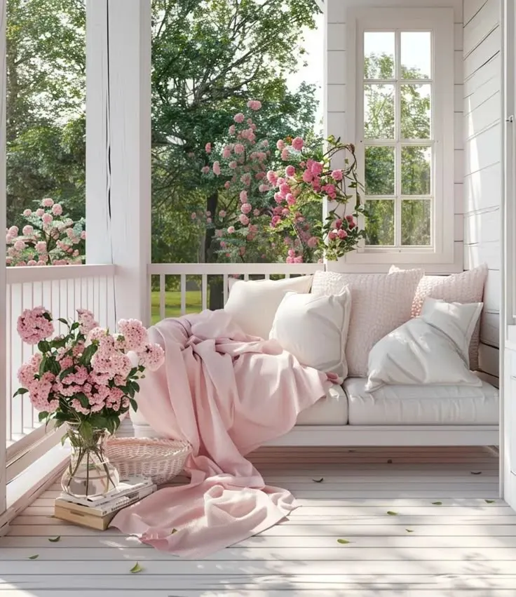 Pastel Pink Throw Blanket on the Porch Sofa