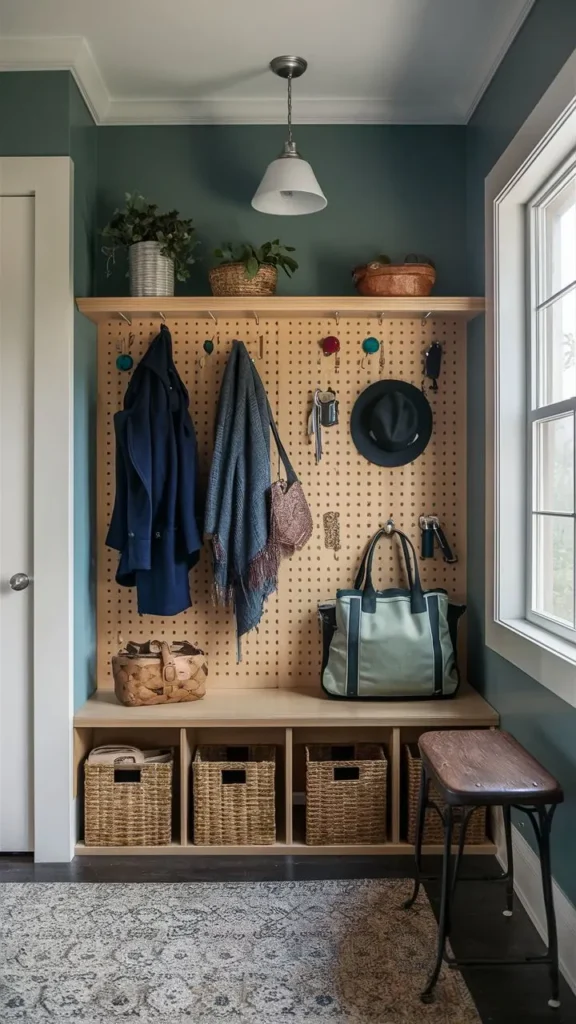 Pegboard wall installed in a mudroom 