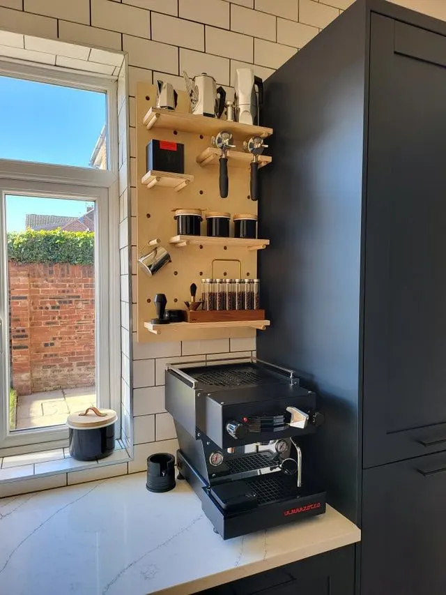 Wall-Mounted Home Coffee Bar Designed using Pegboards