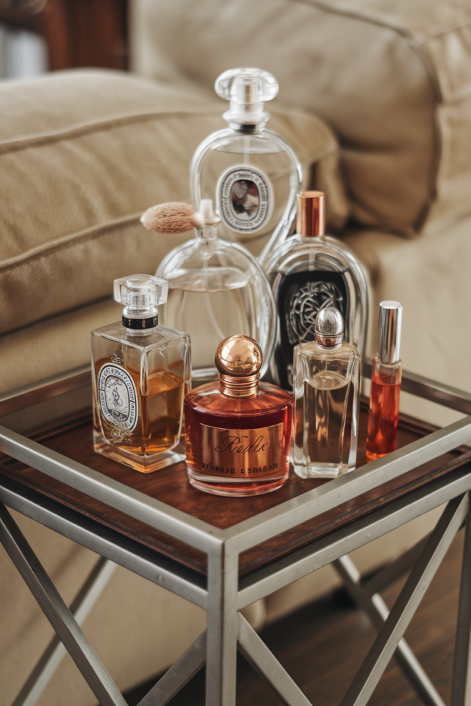 End table decorated with vintage perfume bottles