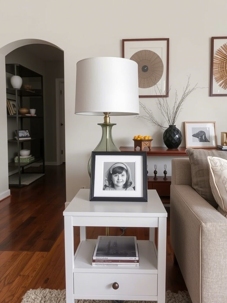 End table decorated with a lamp and a black and white photo frame