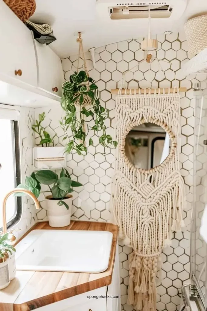 Camper Decorated with Plants and Macrame Hangers