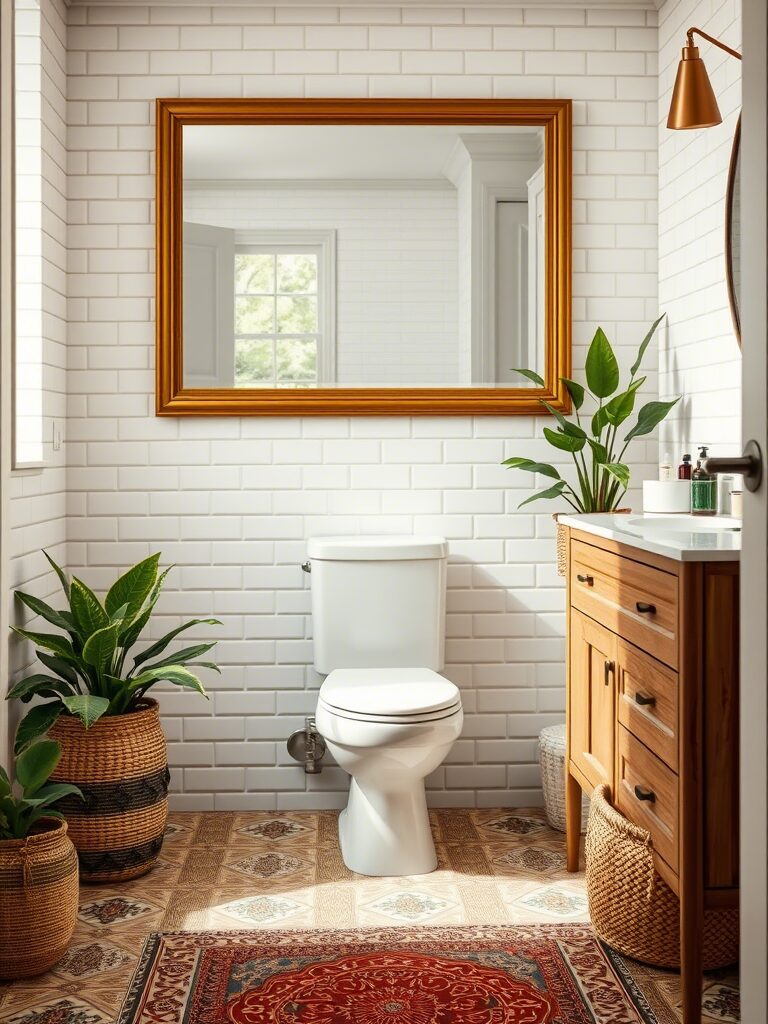 Rectangular Gold Framed Statement Mirror Install Above the Toilet