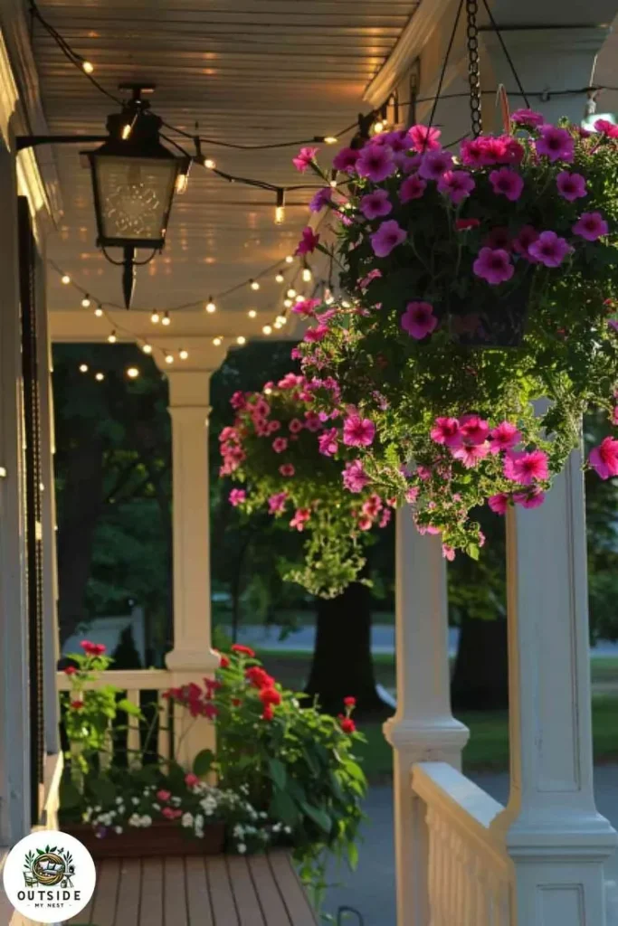 Porch decorated for the Spring Using String Lights