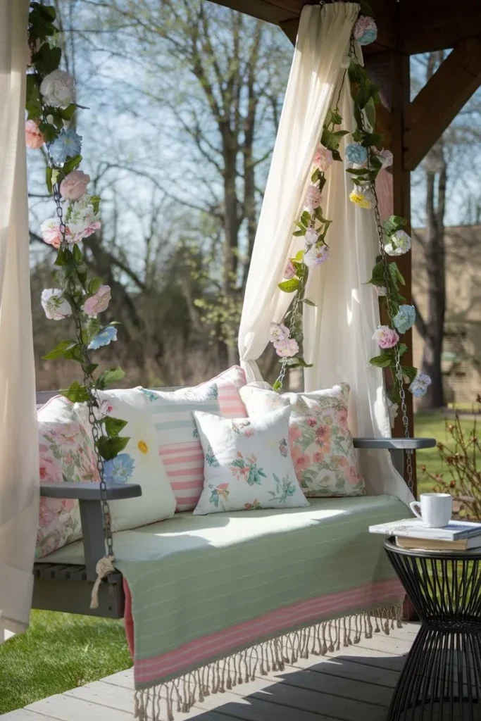 Porch Swing with Floral Cushions that decorated for Spring