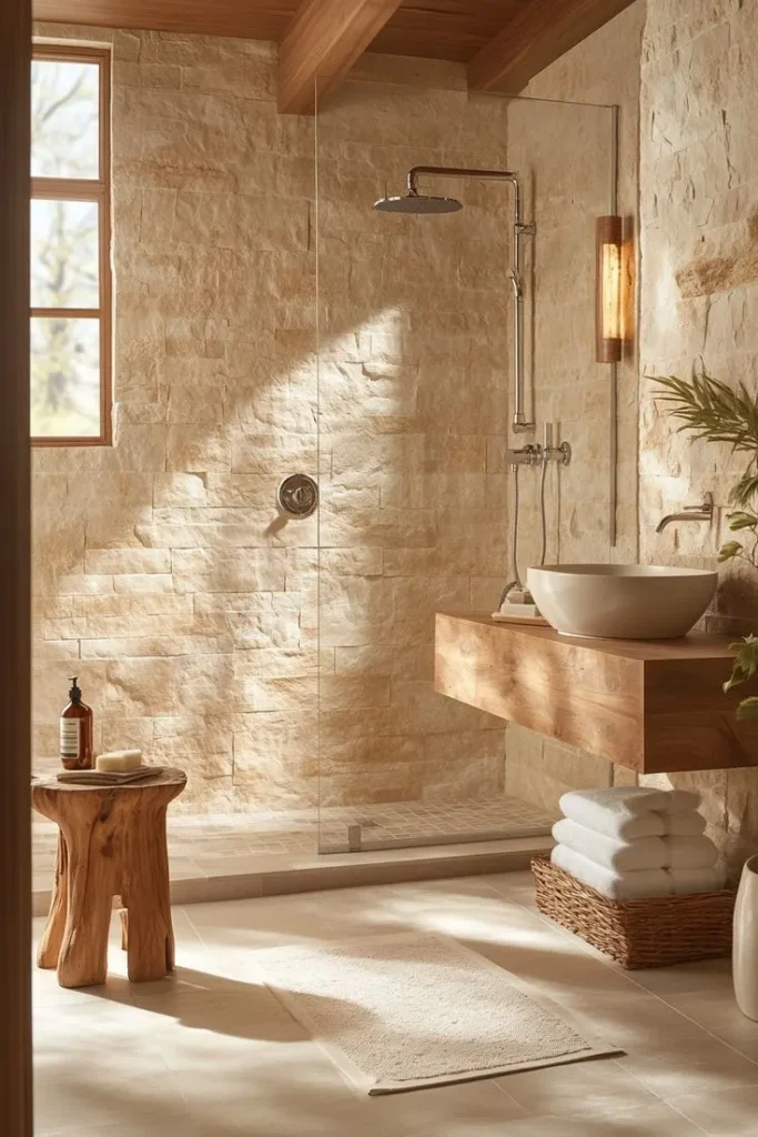 Textured Stone Wall in a Small Bathroom