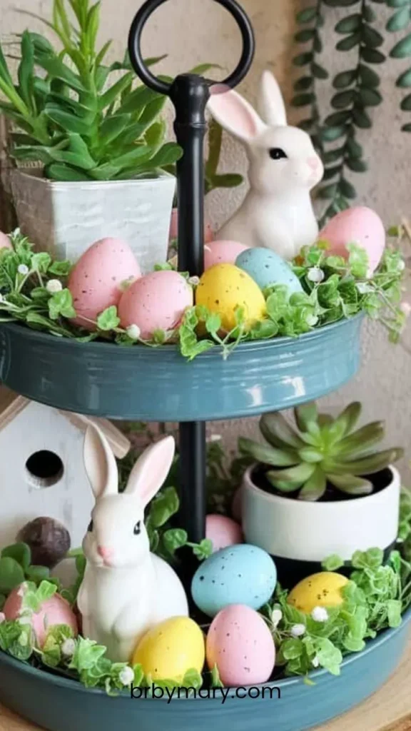 Mantel Decorated with Tiered Tray with tiny potted succulents, small candles, and miniature spring-themed items like ceramic birds or bunnies. 