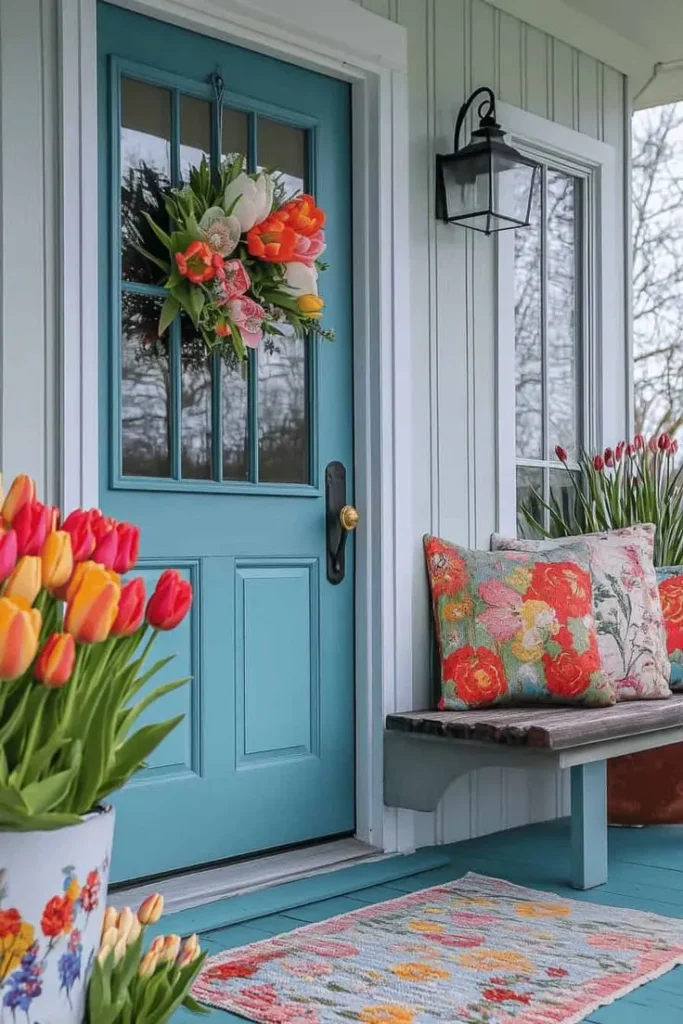 Porch Decorated for Spring with Potted Tulips