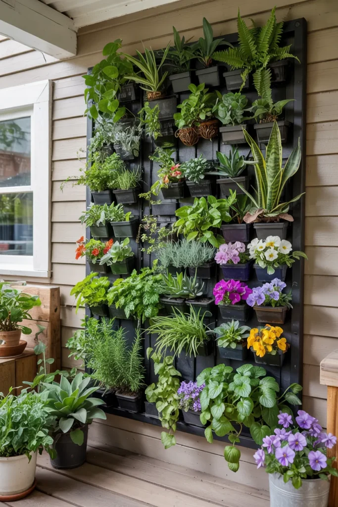 Vertical spring flower garden on a front porch wall with mixed herbs, ferns, succulents, pansies, and lavender arranged in a wall-mounted grid system creating a colorful textured living display.