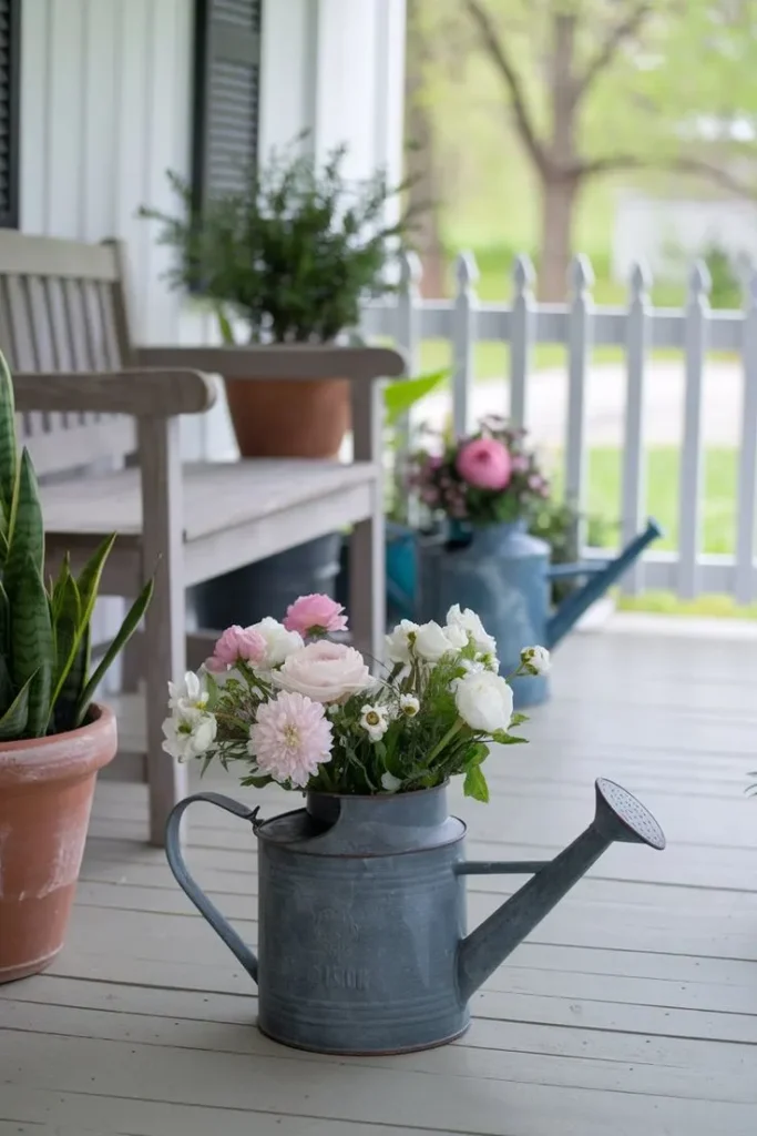 Vintage Watering Cans with Flowers as a Spring Porch Decoration