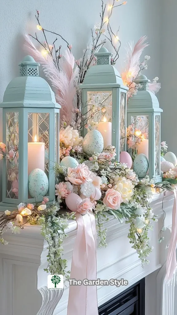 Spring Mantel decor Featuring Pastel Vintage Lanterns 