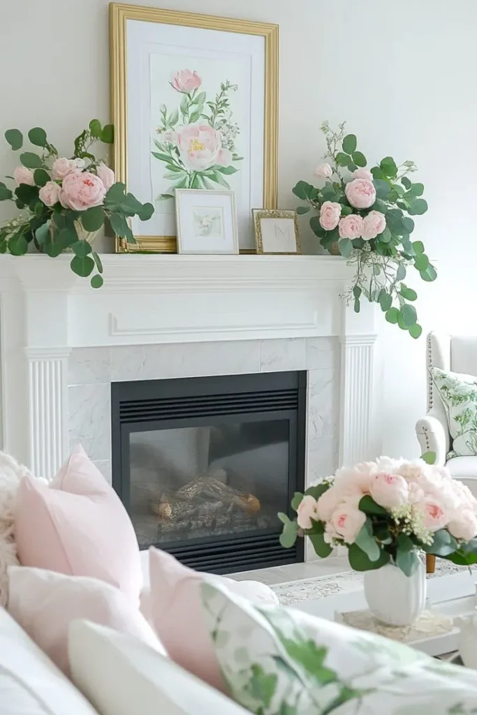 Modern Mantel Decorated for spring using water color art