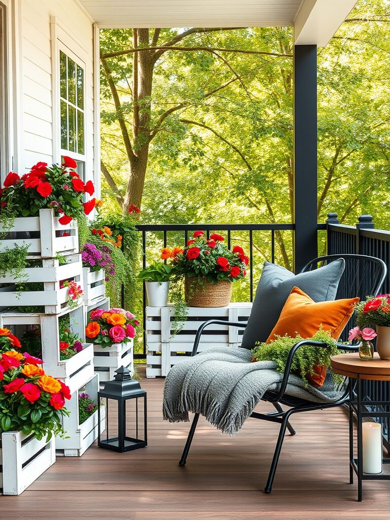 Stacked Wooden Crates with Flower Plants on them as a Spring decoration on the Porch 