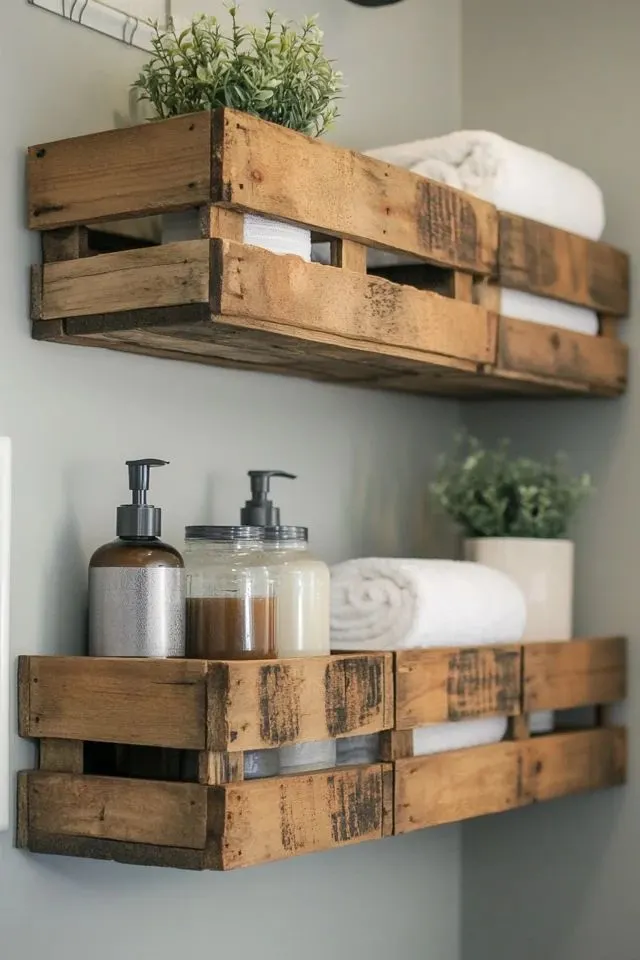 Repurpose Wooden Crates as a Storage Option Above the Toilet