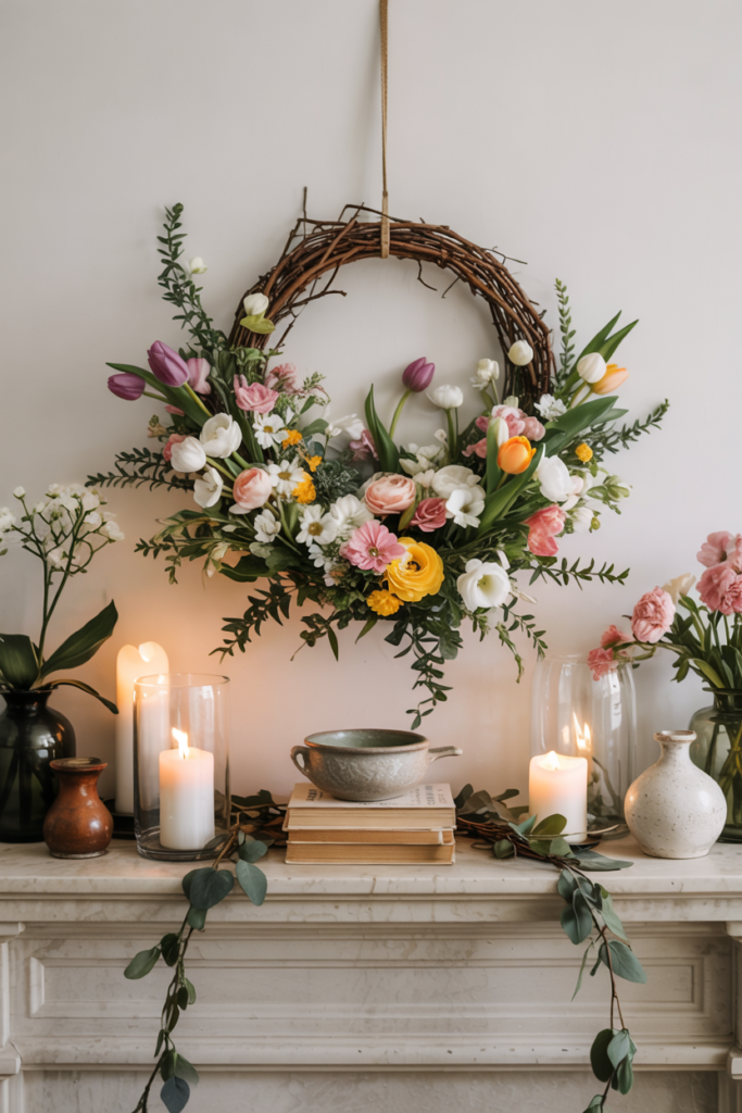 A spring mantel decorated with a lush tulip and ranunculus wreath, eucalyptus garland, candles in glass hurricanes, and vases of fresh blooms against a soft neutral backdrop.